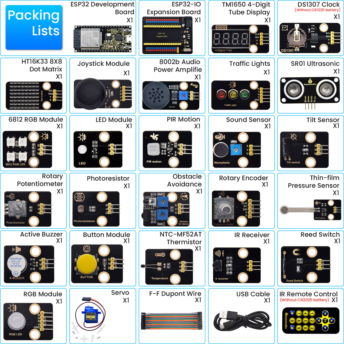 Keyestudio ESP32 24 in 1 Sensor Starter Kit DIY Education Kit For MicroPython&Arduino Programming(39 Projects)