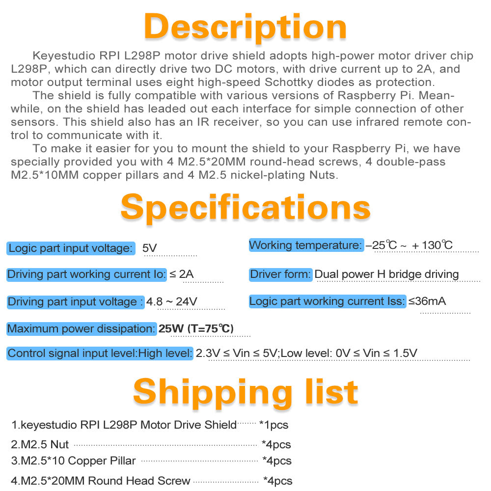 Keyestudio Raspberry Pi L298P Motor Drive Shield for Arduino