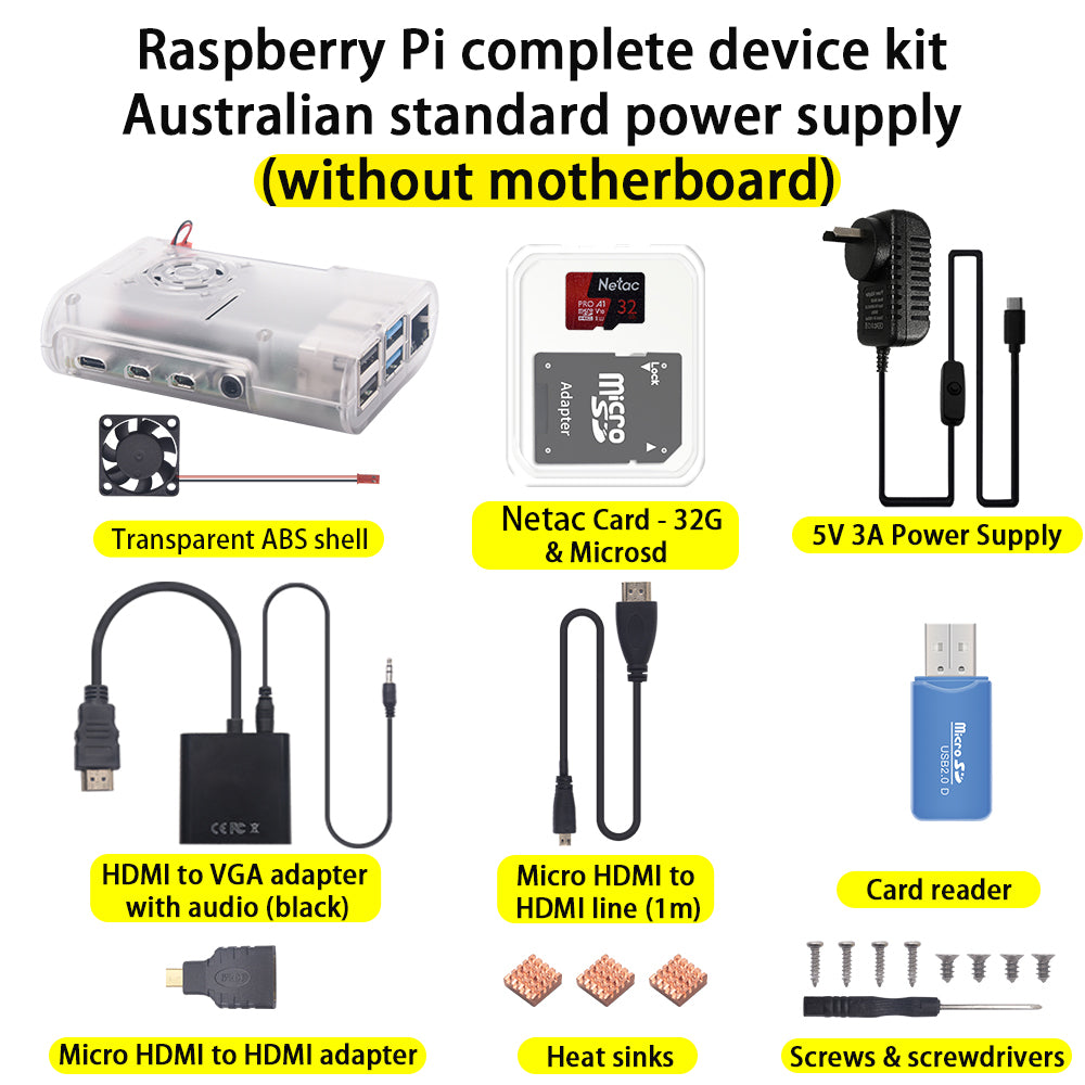 Original Raspberry Pi 4B Complete Starter kit With AU Plug Power Supply (No Raspberry Pi board)