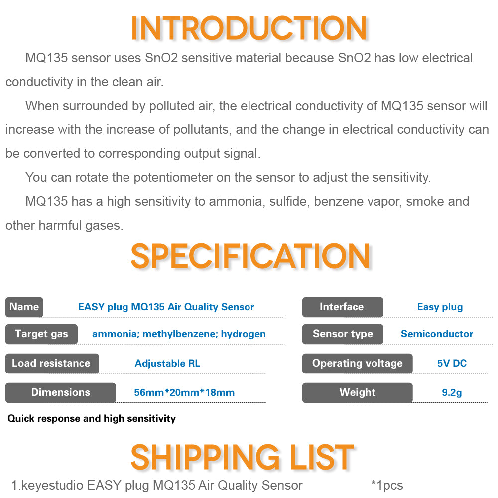 Keyestudio EASY Plug MQ-135 Air Quality Sensor Gas Detection Module for Arduino STEAM