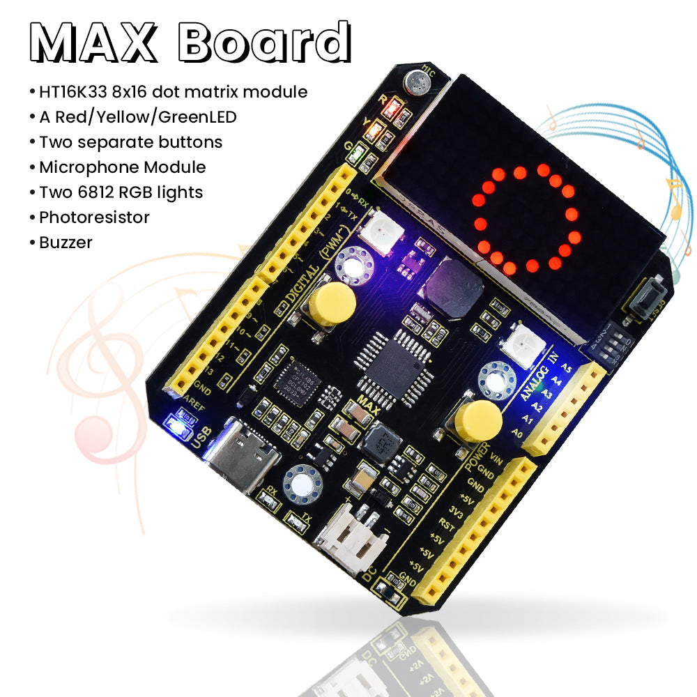 Keyestudio UNO MAX Development Board Onboard 8*8 dot matrix button switch buzzer microphone light sensor RGB LED for Arduino