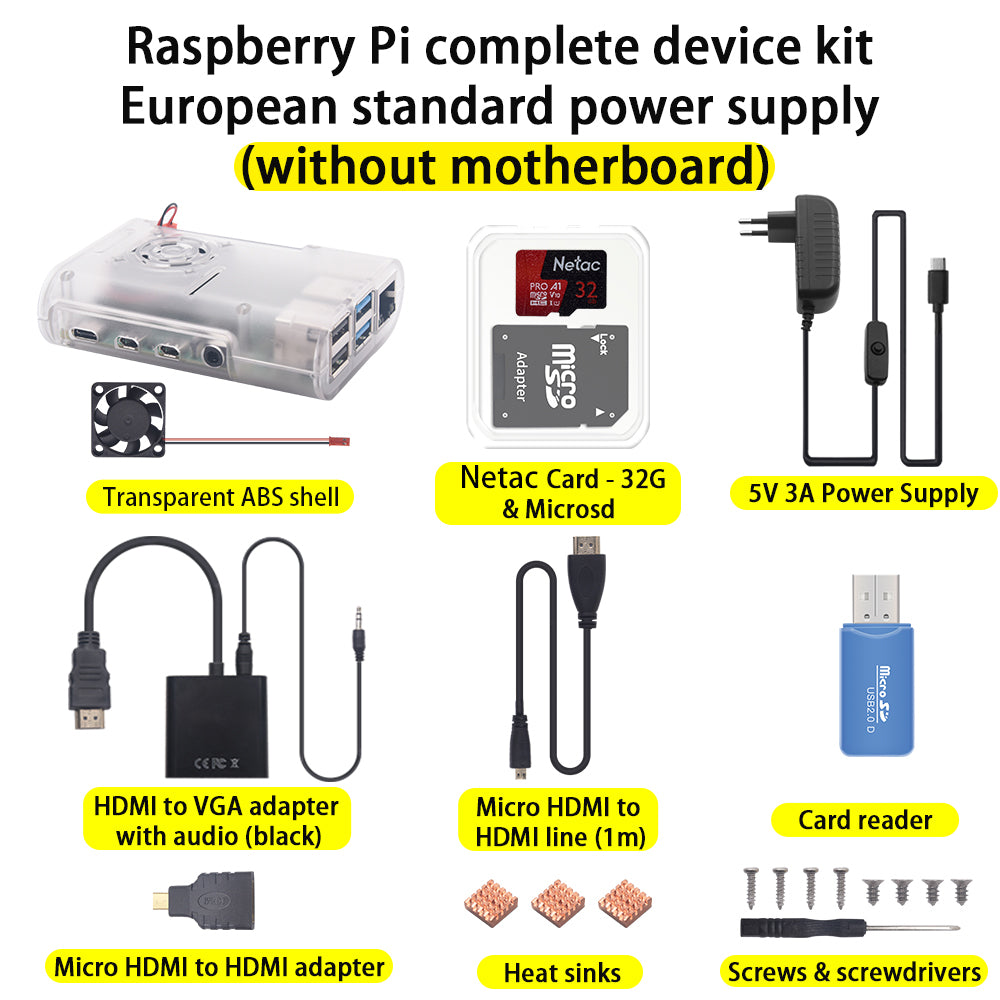 Raspberry Pi 4B complete Starter kits With EU Plug Power Supply Without Raspberry Pi Board)