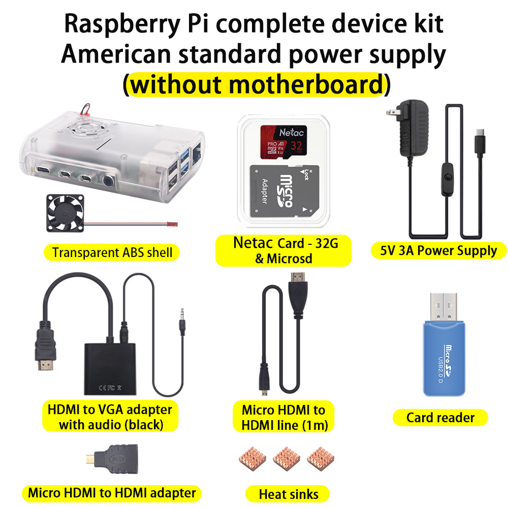 Raspberry Pi 4B Kit Complete Device Starter Kit With US Plug Power Supply (No Raspberry Pi board)