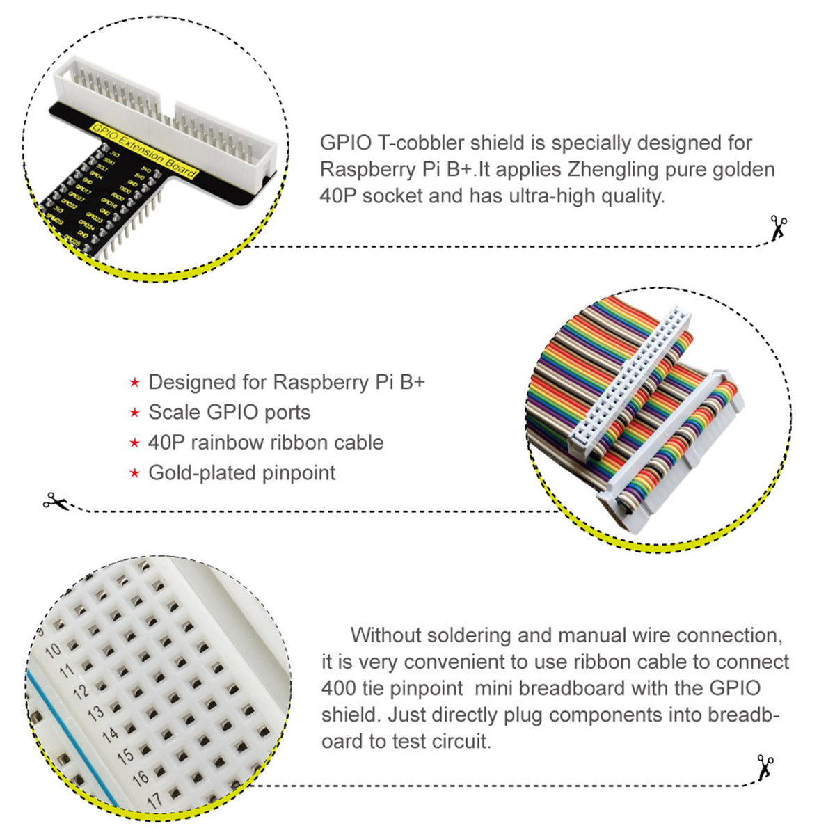 KEYESTUDIO GPIO Breakout Kit for Raspberry Pi 4 4b 3 3b+ with Solderless Breadboard, GPIO Cable, LEDs, Resistors