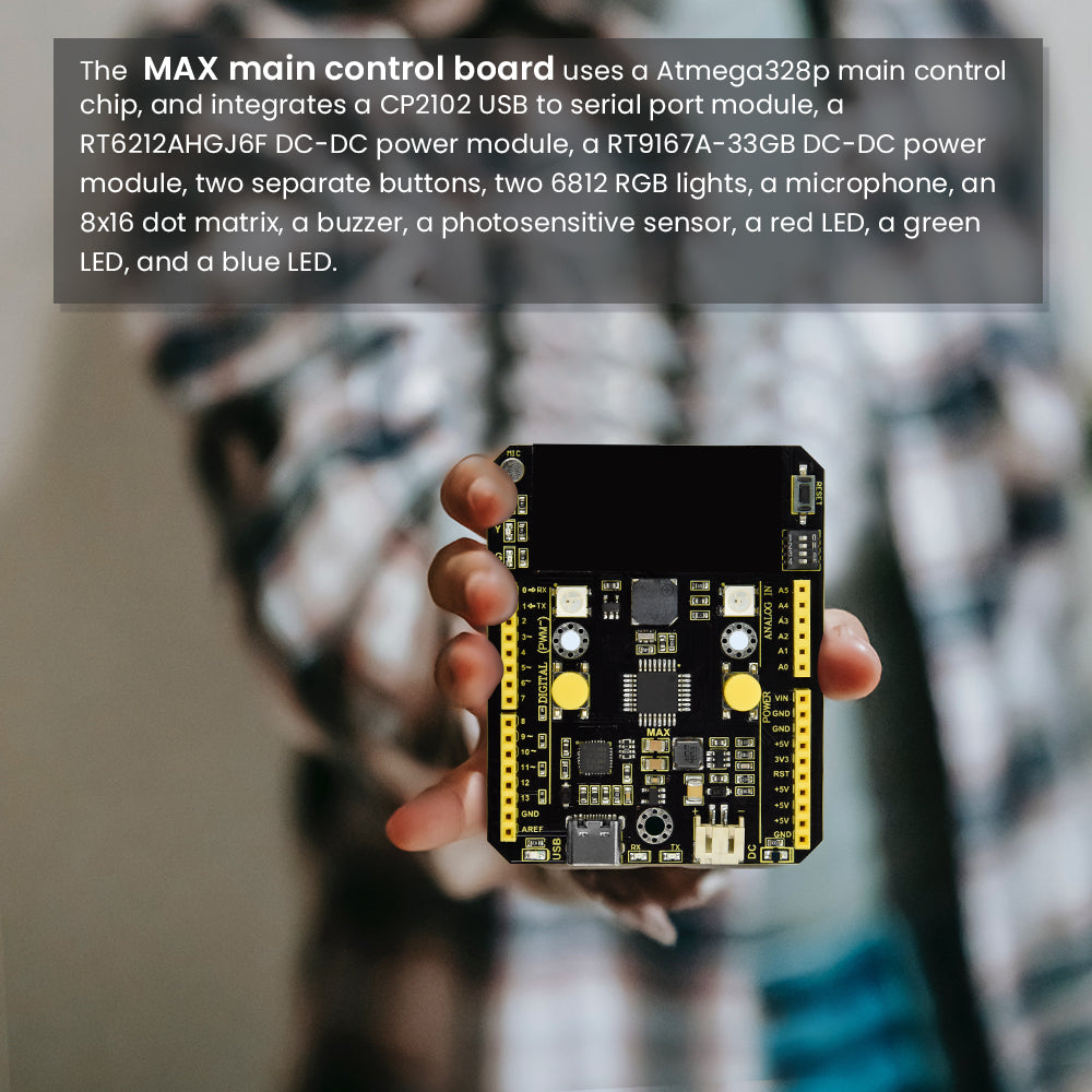 Keyestudio UNO MAX Development Board Onboard 8*8 dot matrix button switch buzzer microphone light sensor RGB LED for Arduino
