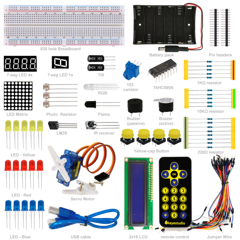 Keyestudio Basic Starter Learning Kit (no UNO board) for Arduino Programming Education with LEDs+PDF