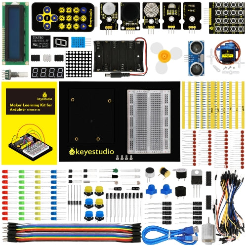 Keyestudio Maker Learning Kit/Starter Kit(NO UNOR3 Board) For Arduino Starter W/Gift BOX+UNO Platform +1602 LCD+Servo+LEDs+PDF