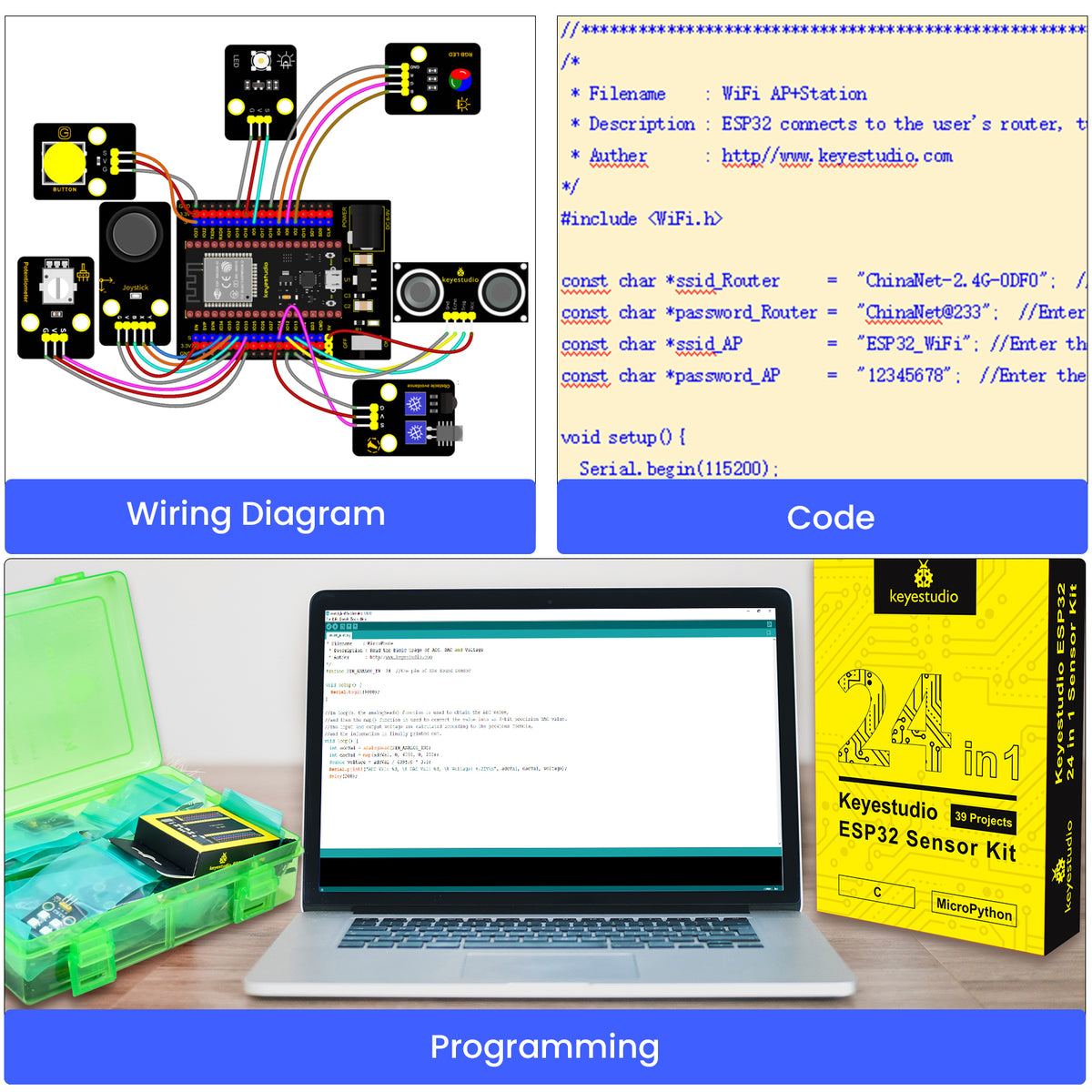 Keyestudio ESP32 24 in 1 Sensor Starter Kit DIY Education Kit For MicroPython&Arduino Programming Without ESP32 board
