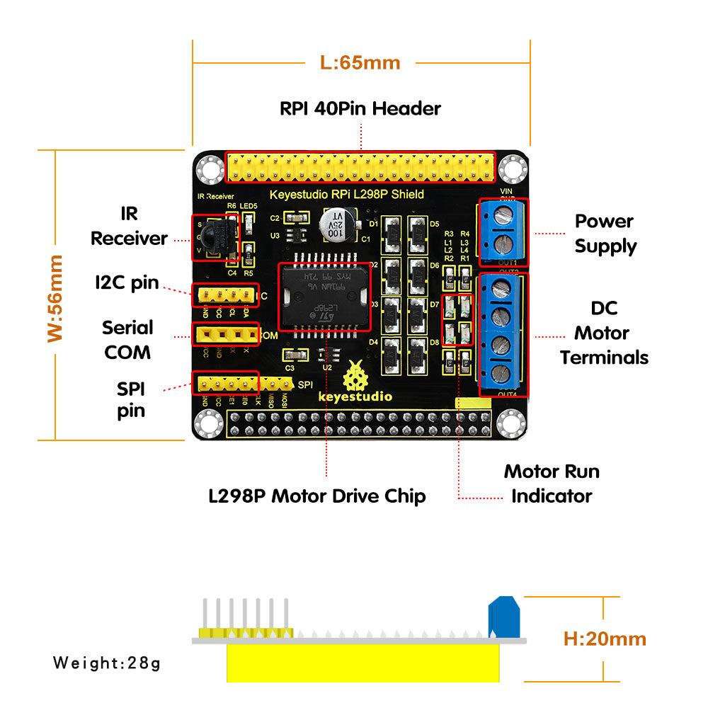 Keyestudio Raspberry Pi L298P Motor Drive Shield for Arduino