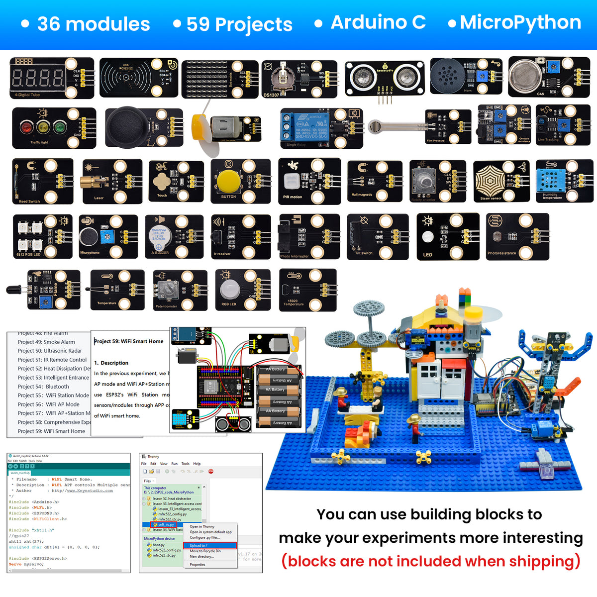 Keyestudio ESP32 37 in 1 Sensor Starter Kit DIY Education Kit For MicroPython&Arduino Programming Without ESP32 board